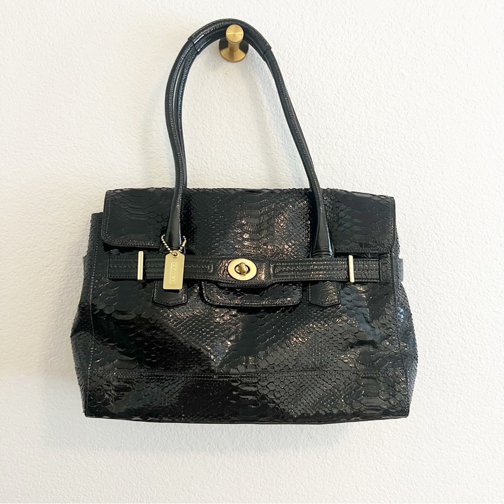 Coach Black Hampton Embossed Python Flap Tote - image 1